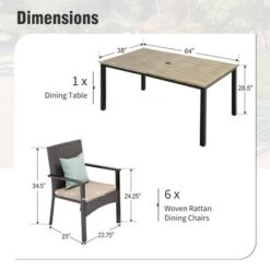 Captiva Designs 7pc Patio Wood-look Rectangle Dining Table & Rattan Chairs With Removable Cushions -Furniture GUEST a80df8aa 85b0 4116 aa24 4a17382e770a