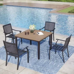 Captiva Designs 5pc Patio Dining Steel Set With Wood-like Square Table & Stackable Chairs With Bull's Eye Pattern -Furniture GUEST a916f711 3af7 41e6 8b78 07db4afb554e