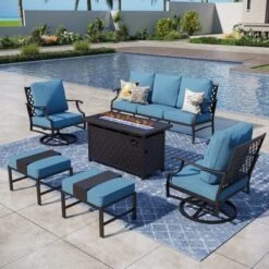 Captiva Designs 6pc Metal Patio Outdoor Conversation Fire Pit Set With Swivel Armchairs And Ottomans -Furniture GUEST a93b5d7c 082f 48c1 9a0a 64adb29dae08