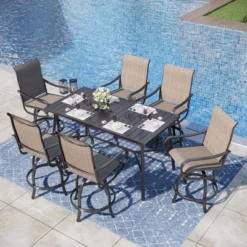 Captiva Designs 7pc Outdoor Patio Slatted Top Rectangle Metal Bar Table & Steel Swivel Bar Stools -Furniture GUEST a9933be7 f66d 4037 9fec 5ce193541024