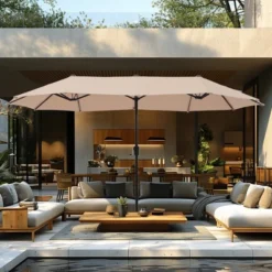 Captiva Designs 8Pc Outdoor Steel Rectangle Dining Table & Cushioned Metal Chairs & Market Umbrella -Furniture GUEST a9a220f7 89b5 4405 9d6b 788a404d2ac1