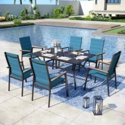 Captiva Designs 7pc Patio Dining Slat-top Rectangle Table & Textilene Chairs With Wood-like Armrests -Furniture GUEST a9c63539 1a62 43c7 8473 4c077050e7f7