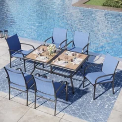 Captiva Designs 7pc Patio Dining Set With Wood-look Rectangle Steel Table & Sling Fixed Chairs -Furniture GUEST abb0111b 5a7e 4240 a997 71af0adc6a27