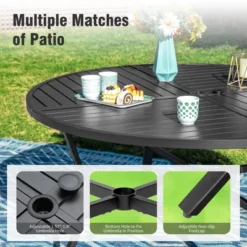 Captiva Designs 5pc Patio Dining Steel Set With Slat-top Round Table & Beige Rattan Chairs With Thick Cushions -Furniture GUEST abd02e31 ac4b 4ea7 9032 152041cf11f0