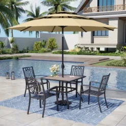 Captiva Designs 6pc Patio Square Table & Fusiform Back Metal Chairs & Beige Umbrella -Furniture GUEST abe071af de90 4cf8 adba 848a6c0bf24b