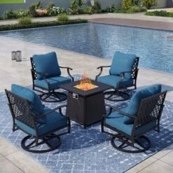 Captiva Designs 5pc Metal Patio Outdoor Conversation Fire Pit Set With Swivel Grid-back Armchairs For Garden, Poolside, Backyard -Furniture GUEST ac2a52c1 fd6e 46c1 a9b2 c67d45633565