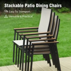 Captiva Designs 7pc Patio Dining Set With Geometric Pattern Rectangle Table & Sling Chairs With Wood-look Armrest -Furniture GUEST ac7018f8 33eb 4392 b97e 6b3202a10b37 2