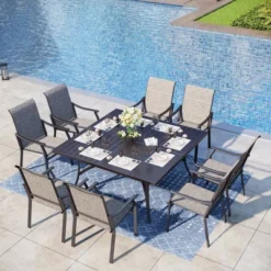 Captiva Designs 9pc Spacious Slat-top Square Metal Table With Umbrella Hole & Brown Textilene Fixed Chairs -Furniture GUEST ad2e3fa8 ac7d 4018 8e10 891680ee2689