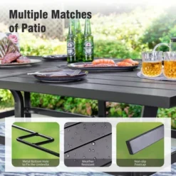 Captiva Designs 8pc Outdoor Rectangle Steel Dining Table & Stackable Metal Chairs & Beige Umbrella -Furniture GUEST ae2ae618 a959 4345 9ef2 758e84777b69 8