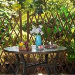 Captiva Designs 5pc Patio Dining Round Wood-look Table With Umbrella Hole & Assorted Cushioned/Textilene Chairs -Furniture GUEST ae903535 fdee 44f5 b5ea fc0994c36288