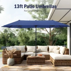 Captiva Designs 8pc Patio Wood-look Rectangle Metal Dining Table & Rattan Chairs & Market Umbrella -Furniture GUEST af03ed7d b1d8 4e3c b362 e73d9f8a1a5f