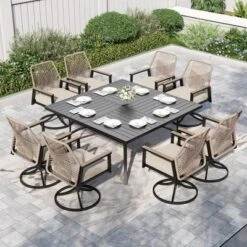 Captiva Designs 9pc Outdoor Slat-top Square Metal Dining Table And Thick Cushion Swivel Wicker Chairs -Furniture GUEST b0304629 3511 45ee 93b2 36e8d3637f2c
