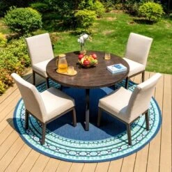 Captiva Designs 5pc Patio Dining Round Wood-look Table With Umbrella Hole & Assorted Cushioned/Textilene Chairs -Furniture GUEST b0808ffa da66 434e 99bc af7d87540c34