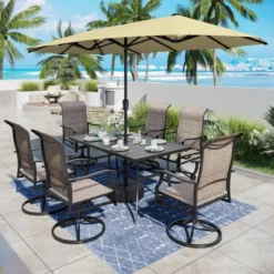 Captiva Desighttps 8pc Patio Dining Slat-top Rectangular Steel Table & Padded Sling Swivel Chairs & Market Umbrella -Furniture GUEST b107fa7e 9807 4e2a a59a 3d7e8ccec113