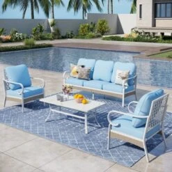 Captiva Designs 4pc Extra Large Metal And Rattan Outdoor Patio Conversation Set With Grid-back Armchairs And Table -Furniture GUEST b11a0076 694e 4498 b668 65ac7db0460b