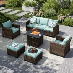 Captiva Designs 6pc Outdoor Patio Wicker Rattan Fire Pit Set With Cushioned Ottomans And Single Sofas -Furniture GUEST b24fb7e5 2bdb 4502 a10d d5267cc0c6b8