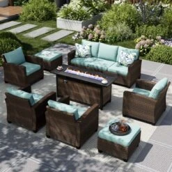 Captiva Designs 8pc Outdoor Patio Wicker Rattan Cushioned Fire Pit Set With Ottomans And Single Sofas -Furniture GUEST b283e58c 2a0e 432d a59e 93ae92e2d60e