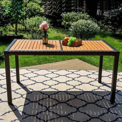 7pc Outdoor Dining Set With Rattan Stackable Chairs & Rectangle Acacia Wood Table - Captiva Designs 3 7pc Outdoor Dining Set With Rattan Stackable Chairs & Rectangle Acacia Wood Table - Captiva Designs