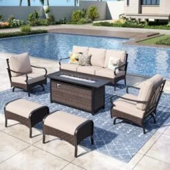 Captiva Designs 6pc Extra Large Metal And Rattan Outdoor Patio Fire Pit Set With Rocking Armchairs And Ottomans -Furniture GUEST b3f46b12 7917 431c ad19 c532f203dece