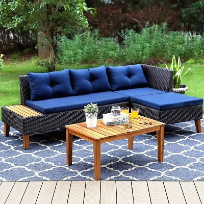 3pc Outdoor Acacia Wood Conversation Set With Sectional Sofa & Cushions - Captiva Designs 4 3pc Outdoor Acacia Wood Conversation Set With Sectional Sofa & Cushions - Captiva Designs - Image 2