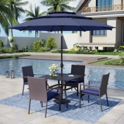 Captiva Designs 6pc Patio Slat-top Square Steel Dining Table & Rattan Chairs & Navy Blue Umbrella -Furniture GUEST b52bfb7c 5f56 460a b939 1a9d9bf1ff51