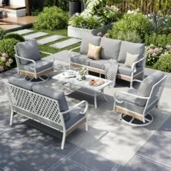 Captiva Designs 5pc Extra Large Metal And Rattan Outdoor Patio Conversation Set With Swivel Grid-back Chairs And Loveseat -Furniture GUEST b614b865 e93d 4e01 8bba a1c99642a721