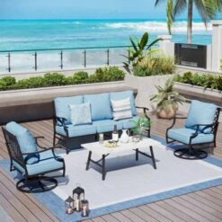 Captiva Designs 4pc Patio Outdoor Conversation Set With Swivel Grid-back Chairs For Garden, Poolside, Backyard -Furniture GUEST b70d37b0 9112 495d 886d 9313830de62e