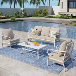 Captiva Designs 4pc Extra Large Metal And Rattan Outdoor Patio Conversation Set With Grid-back Armchairs And Table -Furniture GUEST b86c7f77 6164 41ab b2b7 ff964b31e68a