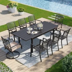 Captiva Designs 9pc Patio Slat-top Adjustable Steel Rectangle Dining Table & Black Metal Chairs -Furniture GUEST b8d6fe88 bf6e 45d1 b51a e86f6d02755d