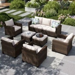 Captiva Designs 7pc Outdoor Patio Wicker Conversation Set With 4Cushioned Single Sofas For Garden Poolside Backyard -Furniture GUEST b947af7f 5c30 4606 9e78 004f341939ad
