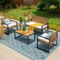 Captiva Designs 4pc Conversation Set: Rattan Loveseat, Coffee Table, Weather-Resistant