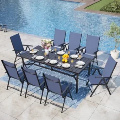 Captiva Designs 9pc Spacious Slat-top Rectangle Metal Table With Umbrella Hole & Textilene Reclining Foldable Chairs -Furniture GUEST b9d439bf de9f 4a6e 9bef 898974f7e91d