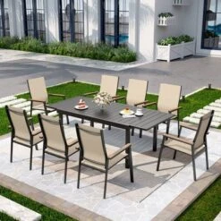 Captiva Designs 9pc Patio Dining Set With Slat-top Steel Rectangle Table & Textilene Aluminum Chairs -Furniture GUEST ba5af347 3298 46d4 8855 8a3711b2adae