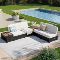 Captiva Designs Outdoor Patio Modular Sectional Sofa Conversation Set With Deep Cushions And Wood Grain Table -Furniture GUEST bb19c6bc 9ceb 4991 bf0b 23da5ac0dfce