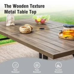 Captiva Designs 7pc Patio Wood-look Metal Table With Umbrella Hole & Textilene Reclining Foldable Chairs -Furniture GUEST bb4c8126 acfb 46a1 aebf 4dcf277400e0 1