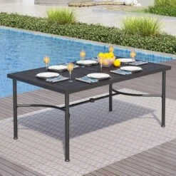 Captiva Designs 8pc Patio Geometric Pattern Rectangle Dining Table & Rattan Swivel Chairs & Beige Umbrella