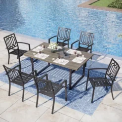 Captiva Designs 7pc Patio Dining Driftwood Finihsed Rectangle Table With Umbrella Hole & Metal Arm Chairs -Furniture GUEST bcf56bec 0b40 4f1f 8d43 76afe0c36f01