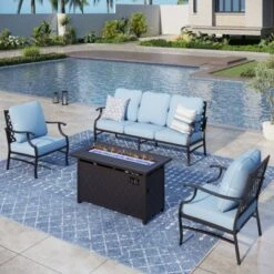Captiva Designs 4pc Metal Patio Outdoor Conversation Fire Pit Set With Grid-back Armchairs For Garden, Poolside, Backyard -Furniture GUEST bd1bf339 0bfe 4f9b 8530 bc2af0d10df8
