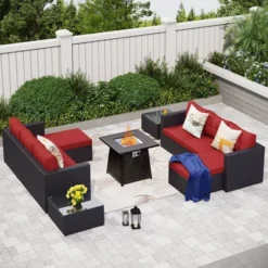 Captiva Designs 7pc Steel & Wicker Outdoor Square Fire Pit Furniture Set With Cushions -Furniture GUEST bd495b68 983d 465f 9a48 b08f3a49b6f4
