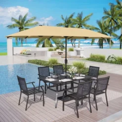 Captiva Designs 8pc Patio Dining Set With Rectangular Steel Table & Black Steel Chairs & Beige Umbrella -Furniture GUEST bdebcdf8 e671 4b94 a10d f5363996a7d1