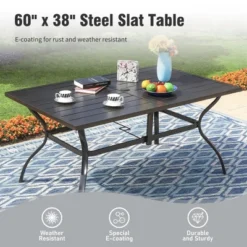 Captiva Designs 7pc Outdoor Dining Rectangular Slat-top Steel Table With Umbrella Hole & Beige Rattan Fixed Chairs