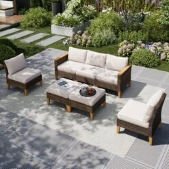 Captiva Designs 7pc Wicker Outdoor Patio Rattan Sectional Conversation Set With Armless Chairs -Furniture GUEST bdfe5cd0 ff76 4183 bdbc 11081a8dc604