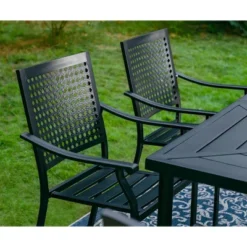 7pc Outdoor Dining Set With Steel Chairs & Large Metal Rectangle Table With Umbrella Hole - Captiva Designs -Furniture GUEST be1e1f81 7c3a 484d 84dc 518a6513c9ff
