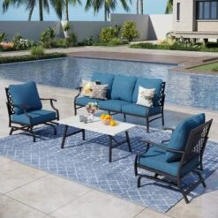 Captiva Designs 4pc Patio Outdoor Conversation Set With Rocking Grid-back Chairs For Garden, Poolside, Backyard -Furniture GUEST bf4240d7 cca8 42ad 814d 60667156a937