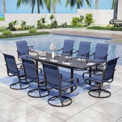 Captiva Designs 9pc Patio Dining Set With Slat-top Adjustable Steel Rectangle Table & Textilene Swivel Chairs -Furniture GUEST c01a18bc 39c1 483a af20 1db6bb83ba6b