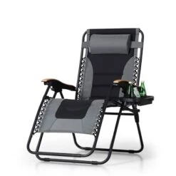 Captiva Designs Patio Zero Gravity Free XL Padded Seat Recliner With Cup Holder & Alloy Steel Frame - Gray
