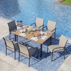 Captiva Designs 7pc Outdoor Patio Wood-look Slatted Top Steel Dining Table & Sling Fixed Chairs -Furniture GUEST c1021b85 3b02 4717 ba53 014c75bb0b0b