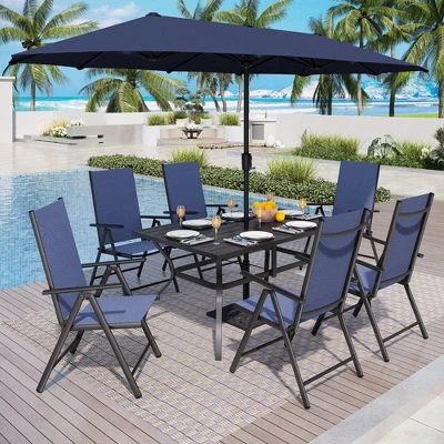 Captiva Designs 8pc Patio Slat-top Rectangle Table & Textilene Reclining Foldable Chairs & 13ft Large Umbrella 18 Captiva Designs 8pc Patio Slat-top Rectangle Table & Textilene Reclining Foldable Chairs & 13ft Large Umbrella - Image 16