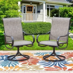 Captiva Designs 9pc Outdoor Slat-top Square Metal Dining Table And Grayish Brown Sling Swivel Chairs