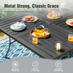 Captiva Designs 9pc Spacious Slat-top Square Metal Table With Umbrella Hole & Sling Fixed Dining Chairs -Furniture GUEST c3daa2e7 6059 4dc8 98be 7d5d974feb90 1